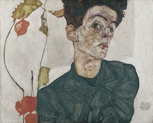 Egon Schiele, Selbstbildnis mit Lampionfrüchten. 1912 (Malerei, Selbstbildnis, Portrait, Mann, Künstler, Physalis, Blasenkirsche, Klassische Moderne, Klassiker, People & Eros, Expressionismus, Wohnzimmer, Treppenhaus, Wunschgröße, bunt)