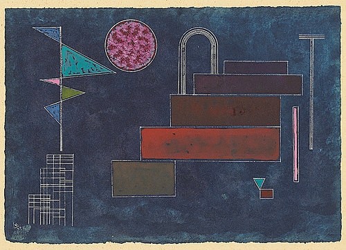 Wassily Kandinsky, Stufen. 1930 (20. Jahrhundert,Abstraktion,auf blauem Papier,auf Karton aufgelegt,Gouache/Aquarell,Christie's Images Ltd,1866-1944,Kandinsky,Wassily,Wassily Kandinsky,dunkelblau,Stufe,Stufen,Fahne,Kreis)