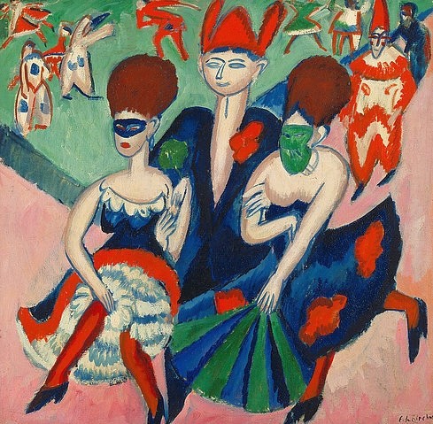 Ernst Ludwig Kirchner, Maskentänzer. 1911. (Kirchner,Ernst Ludwig,München,Pinakothek der Moderne,1880-1938,Lwd.,Karneval,Tanz,Kirchner, Ernst Ludwig 1880-1938,Ernst Ludwig Kirchner,19. Jahrhundert,20. Jahrhundert,Deutschland,deutsch,Expressionismus,expressionistisch,expressiv,Brücke,Menschen,Frauen)