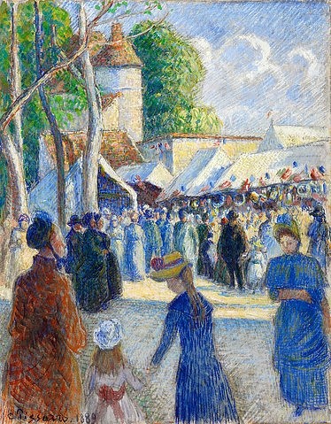 Camille Pissarro, Jahrmarkt in Gisors (La Foire de Gisors). 1889 (Pissarro,Camille,1830-1903,Christie's Images Ltd,Gouache,19. Jahrhundert,über Bleistift,auf Seide,auf Lwd. aufgelegt,Camille Pissarro,Frauen,Freizeit,Jahrmarkt,Stände,Mädchen,Frankreich,Jahrmarktbesucher)