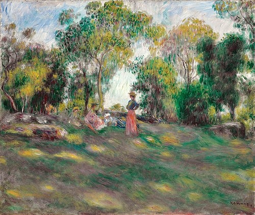 Pierre-Auguste Renoir, Landschaft mit Figuren (Paysage avec figures). Um 1890 (Landschaft, Sommer, Frauen, Freizeit, Licht/Schatten, Schatten,Picknick, Impressionismus, klassische Moderne, Wunschgröße, Wohnzimmer, Esszimmer, Malerei)