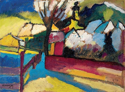 Wassily Kandinsky, Herbstlandschaft mit Baum. 1910 (Öl/Karton,Kandinsky,Wassily,1866-1944,20. Jahrhundert,Christie's Images Ltd,Wassily Kandinsky,1910,Herbst,bunt,farbenfroh,Dorf,draußen,Zaun,Baum,Landschaft,blauer reiter)