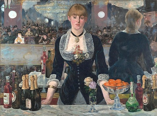 Édouard Manet, Bar in den Folies-Bergère. 1881-82 (Malerei, Impressionismus, Bar, Frankreich, Paris, Varietè, Kabarett, Theke, Bedienung, Mädchen, Alkohol, Flaschen, Champagner, Spiegel, Gastronomie, Esszimmer, Wohnzimmer, Wunschgröße)