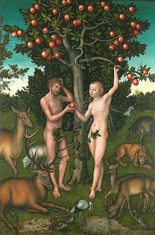 LUCAS CRANACH Der Ältere, Adam und Eva. 1526 (Adam und Eva, Paradies, Sündenfall, Apfelbaum, Schlange, Verführung, Tiere,  Christentum, Baum der Erkenntnis, Genesis, Religion, Klassiker, Renaissance, Wunschgröße, Wohnzimmer)