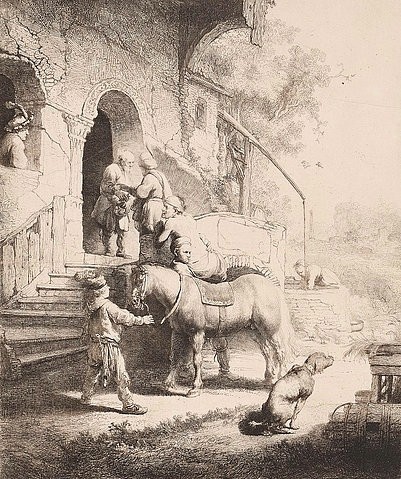Rembrandt van Rijn, Der barmherzige Samariter. Um 1633 (Rembrandt van Rijn,1606-1669,Städel Museum,Frankfurt am Main,Graphische Sammlung,17. Jahrhundert,Radierung und Grabstichel,1. Zustand,Rembrandt Harmensz. van Rijn,Hund,Pferd,Tür,Pforte,Samariter,Parabel,helfen,hilfsbereit,vor der Stadt,guter Samariter,bar)