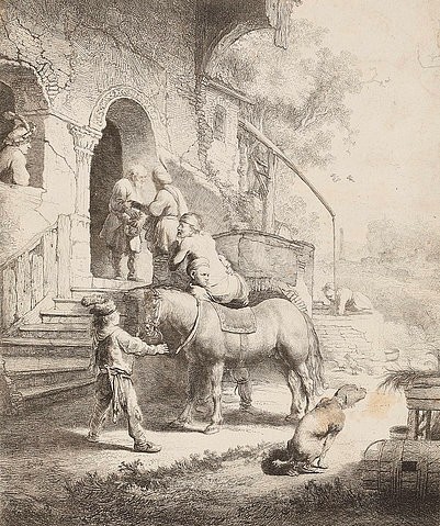 Rembrandt van Rijn, Der barmherzige Samariter. 1633 (Rembrandt van Rijn,1606-1669,Städel Museum,Frankfurt am Main,Graphische Sammlung,17. Jahrhundert,Radierung und Grabstichel,4. Zustand,Rembrandt Harmensz. van Rijn,Hund,Pferd,Tür,Pforte,Samariter,Parabel,helfen,hilfsbereit,vor der Stadt,guter Samariter,bar)