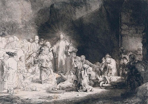 Rembrandt van Rijn, Das Hundertguldenblatt. Um 1649 (Rembrandt van Rijn,1606-1669,Städel Museum,Frankfurt am Main,Radierung,Graphische Sammlung,17. Jahrhundert,Kaltnadel und Grabstichel,Rembrandt Harmensz. van Rijn,Jesus Christus,Kranke,heilen,Hunderguldenblatt,Pharisäer,segnen,Kinder,Zuhörer,zuhören,predig)