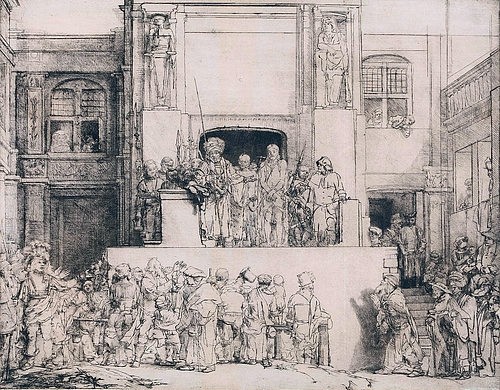 Rembrandt van Rijn, Christus dem Volke vorgestellt. 1655 (Rembrandt van Rijn,1606-1669,Städel Museum,Frankfurt am Main,Graphische Sammlung,Kaltnadel,17. Jahrhundert,4. Zustand,Rembrandt Harmensz. van Rijn,jesus,christus,volk,leute,menschenmenge,pontius,pilatus,ecce,homo,gefangen,urteil,Tribüne,neues Testament,vo)