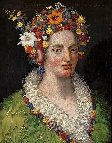 Giuseppe Arcimboldo, Flora. 1589 (Wunschgröße, Gesicht, Portrait, Blumen, Blüten, Blätter, floral, bizarr, Manierismus, Allegorie, Figurativ, Klassiker, Wohnzimmer, Esszimmer, bunt)