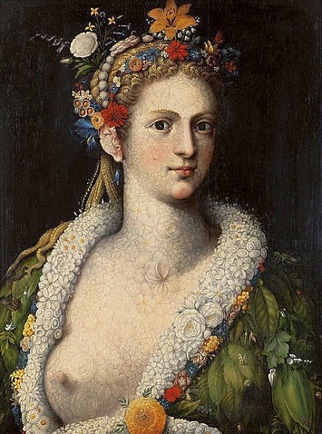 Giuseppe Arcimboldo, Flora Meretrix. Um 1590 (Wunschgröße, Gesicht, Portrait, Blumen, Blüten, Blätter, floral, bizarr, Manierismus, Allegorie, Figurativ, Klassiker, Wohnzimmer, Esszimmer, bunt)