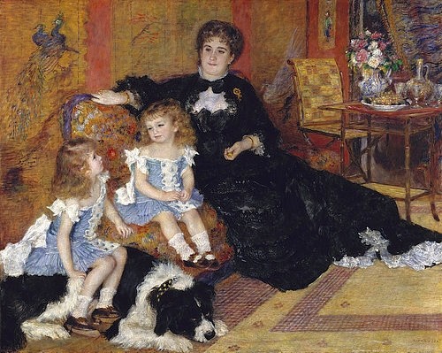 Pierre-Auguste Renoir, Madame Georges Charpentier und ihre Kinder, Georgette-Berthe and Paul-Émile-Charles. 1878 (Familienidylle, Familienleben, bürgerlich, Mutter, Mädchen, Kinder, Hund, Interieur, Japonismus, Dekor, modisch, Salon, Impressionismus, klassische Moderne, Wunschgröße, Wohnzimmer, Malerei)