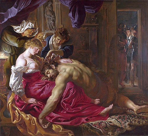 Peter Paul Rubens, Samson und Delila. Um 1609-10 (London,National Gallery,Rubens,Peter Paul,1577-1640,Öl auf Holz,17. Jahrhundert,Barock,Peter Paul Rubens,Samson,jüdisch,Held,Liebe,Delilah,Delila,Philister,Stärke,Tür,Haar,Haare abschneiden,Frau,Alte,Kerzenschein,Kerzenlicht)