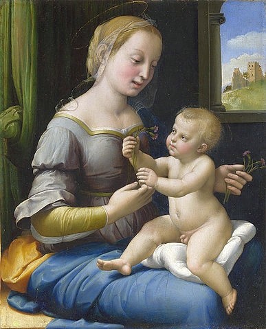 Raffael (Raffaello Sanzio), Die Madonna mit den Nelken (La Madonna dei Garofani). Um 1506-07 (London,National Gallery,Raffael (Raffaello Sanzio),1483-1520,Öl,16. Jahrhundert,Renaissance,Religion,auf Eibenholz,Raphael,Andachtsbild,Madonna,Maria,Jesuskind,Christuskind,Schlafzimmer,Bettvorhang,Vorhang,Fenster,Blumen,Schleier,auf dem Schoß sitzen)