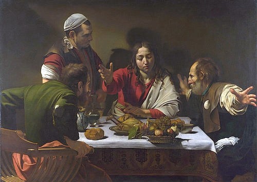 Michelangelo Merisi da Caravaggio, Das Abendmahl in Emmaus. 1601 (Christus, Jünger, Wirtshaus, Tafel, Mahlzeit, Segen, Bibel, Neues Testament, Barock, hell-dunkel, Klassiker, Malerei, Wunschgröße, Wohnzimmer)