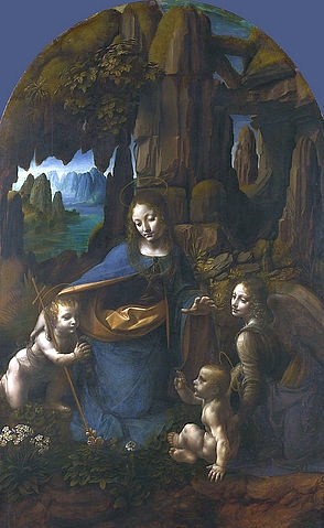 Leonardo da Vinci, Die Felsgrottenmadonna (für den Altar San Francesco in Mailand). Um 1491/92-99 und 1506-08 (Madonna, Mutter, Kinder, Johannes, Engel, Jesuskind,  Felsen, Religion, Neues Testament, Landschaft,   Schlafzimmer, Wohnzimmer, Wunschgröße, Renaissance, Malerei, Klassiker)