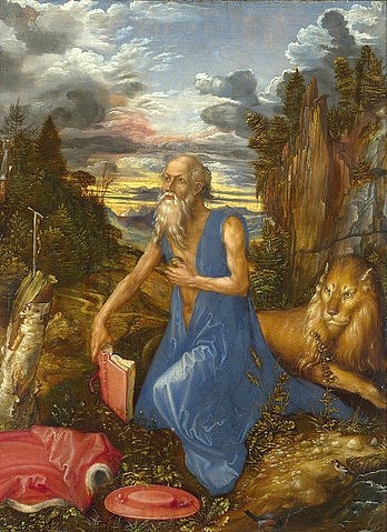 Albrecht Dürer, Der heilige Hieronymus. Um 1496 (London,National Gallery,Dürer,Albrecht,1471-1528,Öl auf Holz,16. Jahrhundert,15. Jahrhundert,Renaissance,Dürer, Albrecht,Himmel,Wolken,Löwe,heiliger Hieronymus,Eremit,mager,Andacht,Wildnis,Büßer,Andachtsbild,Kruzifix,Baumstumpf)