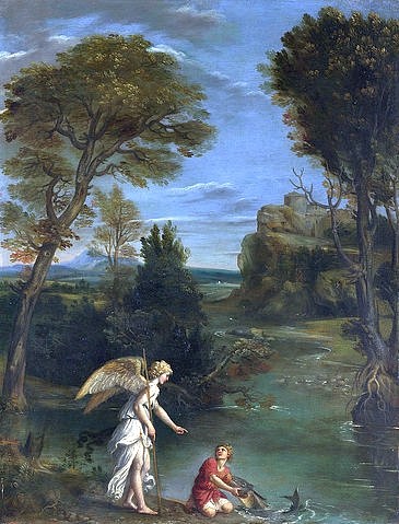 Domenico (Domenichino) Zampieri, Landschaft mit Tobias und dem Engel. Um 1610-13 (London,National Gallery,Zampieri,Domenico (Domenichino),1581-1641,Öl/Kupfer,17. Jahrhundert,Domenichino,Engel, Reise, Reisender,Erzengel Raphael,Schutzengel, Tobias,Fisch,Landschaft)