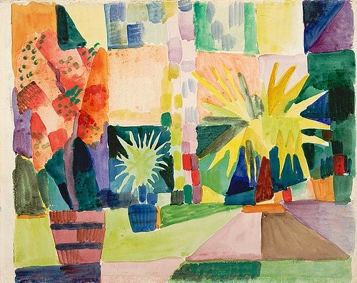 August Macke, Garten am Thunersee (Granatbaum und Palme im Garten). 1914 (Macke,August,1887-1914,Wien,Albertina,Aquarell/Karton,20. Jahrhundert,Macke, August,Garten,Palme,heiter,Topfpflanze,Park,Aquarell)