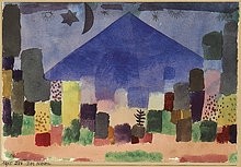 Paul Klee, Der Niesen 1915 (Malerei, Expressionismus, Landschaft, Ägypten, Pyramide, Sterne, Mond, Häuser,  Nordafrika, Klassische Moderne, Arztpraxis, Schlafzimmer, Wohnzimmer, Wunschgröße, bunt)