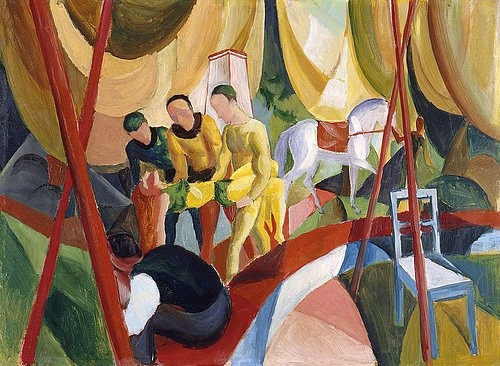 August Macke, Zirkus. 1913 (Macke,August,1887-1914,Madrid,Thyssen-Bornemisza,Öl/Karton,20. Jahrhundert,Macke, August,drei Akrobaten,Unfall,Zirkus,Reiterin,Pferd,Manege,Vorhang,Zelt,Zirkuszelt,Stuhl)