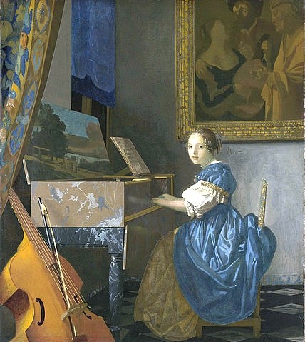 Jan Vermeer van Delft, Junge Frau, an einem Virginal sitzend. Um 1670-72 (London,National Gallery,Vermeer van Delft,Jan,1632-1675,Öl auf Leinwand,17. Jahrhundert,Barock,Vermeer, Jan,Viola da Gamba,Bogen,Saiteninstrument,Frau,Musik,Virginal,blaues Kleid,glänzender Stoff,Musikzimmer,musisch,Tasteninstrumennt,Gemälde,Vorhang,niede)