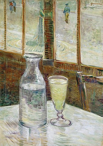 Vincent van Gogh, Cafetisch mit Absinth. 1887 (Gogh,Vincent van,1853-1890,Amsterdam,Van Gogh - Museum,Öl auf Leinwand,19. Jahrhundert,Stillleben,Post-Impressionismus,Gogh,Vincent, van,Paris,Melancholie,Café, Bar, Einsamkeit, Glas, Kneipe, Trinken, Flasche, Impression, Impressionismus, Tisch,Absinth,Al)