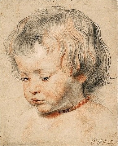 Peter Paul Rubens, Nikolaus Rubens mit Korallenschnur. Um 1619 (Rubens,Peter Paul,1577-1640,Wien,Albertina,Öl auf Leinwand,Schwarze Kreide,17. Jahrhundert,Portrait,Rötel,mit weißer Kreide gehöht,Peter Paul Rubens,Junge,Kind,Kinderbildnis,Korallen,Korallenkette,Kopf,nach unten schauen,Pausbacken,pausbäckig,Kindheit,uns)