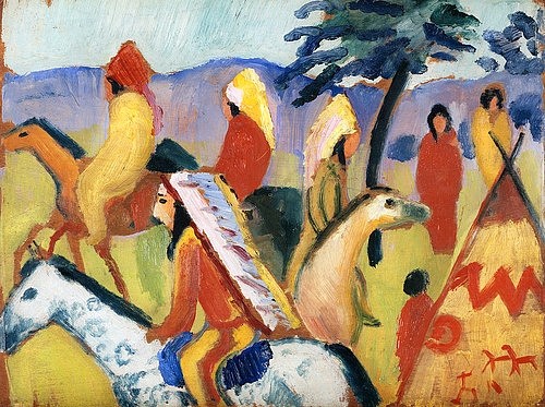 August Macke, Reitende Indianer beim Zelt. 1911 (München,Städtische Galerie,Macke,August,1887-1914,Öl auf Holz,20. Jahrhundert,Macke, August,Blauer Reiter,Indianer,Zelt,Farben,heiter,Reiter,Federschmuck,bunt,farbenfroh)