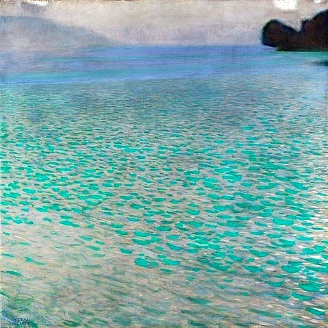Gustav Klimt, Am Attersee. 1900. (Klassische Moderne,dekorativ, Jugendstil, Österreich, Landschaften, Wasser, Horizont, See, bunt, Wohnzimmer, Schlafzimmer, Malerei, Wunschgröße)