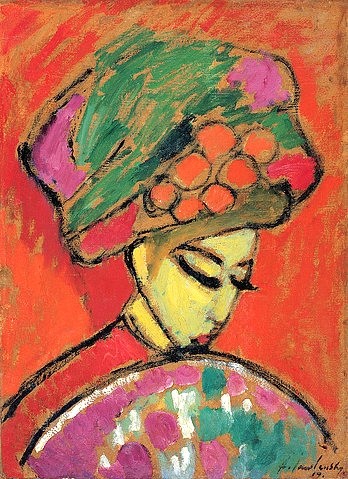 Alexej von Jawlensky, Mädchen mit Blumenhut (Mädchen mit Turban). 1910 (Expressionismus,20. Jahrhundert,Öl/Karton,Wien,Albertina,Jawlensky,Alexej von,1864-1941,Alexej von Jawlensky,Blauer Reiter,orange,bunt,farbenfroh,Farben,Fächer,Frau,Blick nach unten, Hut,Kopfbedeckung,gelb,nach unten schauen,Blumenhut)
