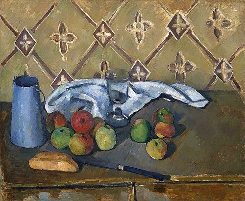 Paul Cézanne, Früchte, Serviette und Milchkanne (Fruits, serviette et boîte à lait). Um 1880 (Cézanne,Paul,1839-1906,Paris,Musée de l'Orangerie,Öl auf Leinwand,Stillleben,Post-Impressionismus,Paul Cezanne,Muster,Apfel,Äpfel,Messer,Brot,Brötchen,Serviette,Milchkanne,Kanne,Krug,Glas,Tisch,Obst,Früchte)