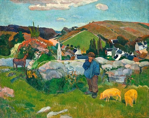 Paul Gauguin, Der Schweinehirt. 1888 (Gauguin,Paul,1848-1903,Los Angeles,County Museum of Art,Öl auf Leinwand,19. Jahrhundert,Post-Impressionismus,Paul Gauguin,Landschaft,Tiere,Schweine,Hirt,heiter,farbenfroh,Vieh,Nutztiere,Hügel,Junge,Schweine)