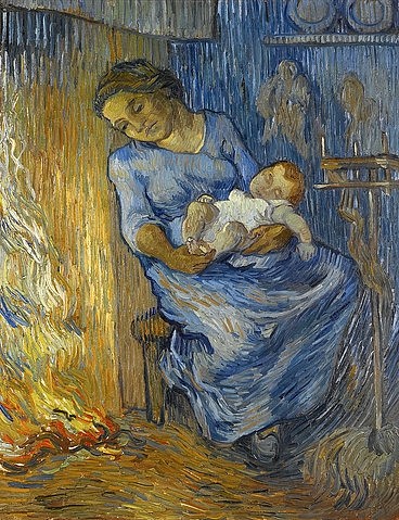 Vincent van Gogh, L'homme est en mer. 1889 (Gogh,Vincent van,1853-1890,Öl auf Leinwand,Privatbesitz,19. Jahrhundert,Post-Impressionismus,Gogh, Vincent, van,junge Mutter,Frau,gelb,blau,Feuerstelle,Feuer,schlafen,schlafendes Baby,Kind,Mutterliebe,warten,im Arm halten)