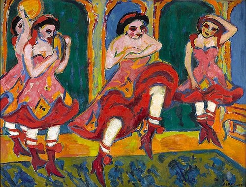 Ernst Ludwig Kirchner, Czardastänzerinnen. 1908-20 (Kirchner,Ernst Ludwig,1880-1938,Den Haag,Gemeentemuseum,Öl auf Leinwand,20. Jahrhundert,Expressionismus,Kirchner, Ernst Ludwig,Csárdás,Csardas,ungarisch,Tanz,Tänzerin,Tänzerinnen,rot,Frauen,drei,Bühne,traditionell,Brauch,Tamburin,Zigeuner,Die Brücke,Stief)