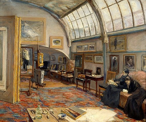 Max Liebermann, Atelier des Künstlers am Brandenburger Tor in Berlin. 1902 (Liebermann,Max,1847-1935,St. Gallen,Kunstmuseum,Öl auf Leinwand,19. Jahrhundert,20. Jahrhundert,Interieur,Liebermann, Max,Atelier,Spiegelbild,Sofa,Frauen,Glasfenster,Fenster,Gemälde,Arbeitsplatz,Teppich,Malutensilien,Staffelei)