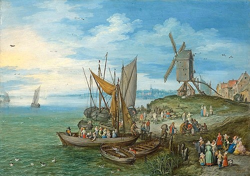 JAN BRUEGHEL DER ÄLTERE, Die Mühle am Landungssteg. 1613 (Köln,Wallraf-Richartz-Museum,Brueghel d.Ä.,Jan,1568-1625,Öl/Kupfer,17. Jahrhundert,Brueghel, Jan, der Ältere,Mühle,Windmühle,Küste,Boote,Fischerboote,Fischer,Enten,Segel,Segelschiff,Bevölkerung)