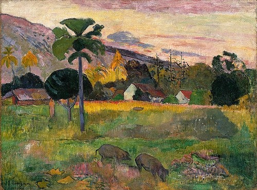 Paul Gauguin, Haere mai (Komm her). 1891 (Gauguin,Paul,1848-1903,New York,S. Guggenheim-Museum,19. Jahrhundert,Landschaft,Öl auf Sackleinen,Paul Gauguin,Landschaft,Tiere,Schweine,heiter,farbenfroh,Nutztiere,Hügel,Schweine,Tahiti,Palme,exotisch,Südsee,Natur)