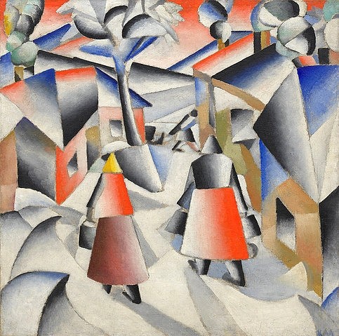 Kasimir Malewitsch, Morgen im Dorf nach dem Schneesturm. 1912 (New York,S. Guggenheim-Museum,Malewitsch,Kasimir,1878-1935,Öl auf Leinwand,20. Jahrhundert,Malewitsch, Kasimir,russisch,russische Avantgarde,Avant-garde,Kubismus,Futurismus,Kubofuturismus,Schnee,Winter,Frauen,Rückenfigur,Arbeiterinnen,Weg,Straße,blau,rot,)