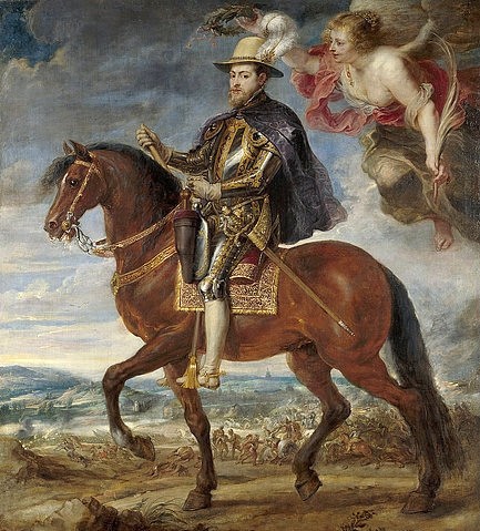 Peter Paul Rubens, König Philipp II. von Spanien (1527-1598) zu Pferde. 1628 (Madrid,Museo del Prado,Rubens,Peter Paul,1577-1640,Öl auf Leinwand,17. Jahrhundert,Portrait,Barock,Peter Paul Rubens,Spanien,Philipp II,spanisch,Reiter,Reiterbildnis,Schlacht bei Saint-Quentin,Rüstung,Pferd,König Feldherr Sieg,Kranz,Federhut,zu Pferde)
