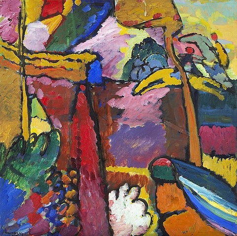 Wassily Kandinsky, Studie für Improvisation V. 1910 (Kandinsky,Wassily,1866-1944,Minneapolis Institute of Art,Öl/Karton,20. Jahrhundert,Abstraktion,Wassily Kandinsky,Apokalypse,Improvisation,expressionistisch,abstrakt,farbenfroh,Farben,V,fünf,Figuren,Andeutungen,Pferd,Reiter,Studie,springen,Landschaft,heite)