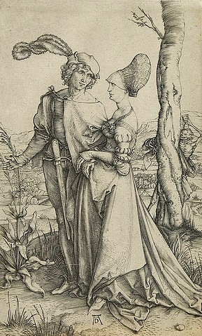Albrecht Dürer, Der Spaziergang. 1522 (Dürer,Albrecht,1471-1528,Hannover,Landesmuseum,Kupferstich,16. Jahrhundert,Renaissance,Kupferstichkabinett,Dürer, Albrecht,Renaissace,Kappe,Feder,Haube,Mann,Frau,Paar,den Hof machen,romantisch,draußen,Spaziergang,spazieren gehen,werben,Werbung)