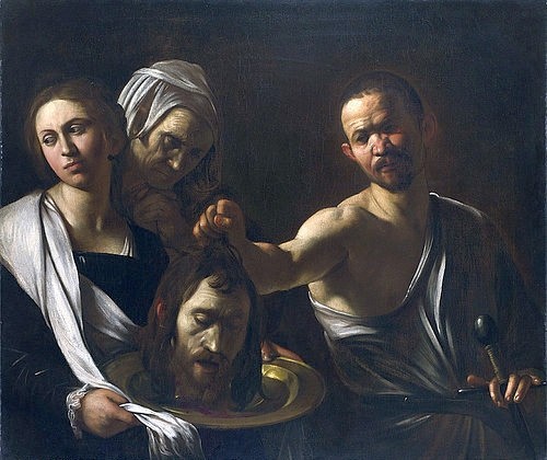 Michelangelo Merisi da Caravaggio, Salome bringt den Kopf des Johannes des Täufers. Um 1608-10 (London,National Gallery,Caravaggio,Michelangelo Merisi da,1571-1610,Öl auf Leinwand,17. Jahrhundert,Barock,Caravaggio, Michelangelo,Neues Testament,Herodias,Johannes der Täufer,Kopf,geköpft,Frau,Frauen,Dienerin,alte,Henker,Platte,Salome,präsentieren,ausge)