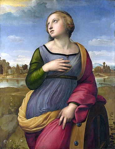 Raffael (Raffaello Sanzio), Heilige Katharina von Alexandrien. Um 1507 (London,National Gallery,Raffael (Raffaello Sanzio),1483-1520,Öl auf Holz,16. Jahrhundert,Renaissance,Raffael,Rad,himmlisches Licht,göttliches Licht,Heilige Katharina von Alexandrien,serpentinata,Anmut,nach oben schauen,Blick nach oben,Hochrenaissance,Märt)