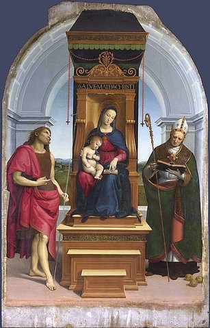 Raffael (Raffaello Sanzio), Madonna und Kind mit Heiligen Johannes dem Täufer und Nikolaus von Bari (Die Ansidei Madonna). 1505 (London,National Gallery,Raffael (Raffaello Sanzio),1483-1520,Öl auf Holz,16. Jahrhundert,Renaissance,Religion,Raffael,Ansidei Madonna,Altar,Maria,Thron,thronen,Johannes der Täufer,Nikolaus von Bari,sacra conversazione,Heilige,Heiliger,Jesuskind,Bischof,ro)