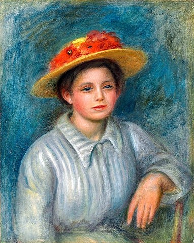 Pierre-Auguste Renoir, Portrait einer Frau mit Blumenhut (Portrait de femme au chapeau fleuri). Um 1890 (Portrait, junge Frau, Blumenhut, Kopfschmuck,  Impressionismus, klassische Moderne, Wunschgröße, Wohnzimmer, Malerei)