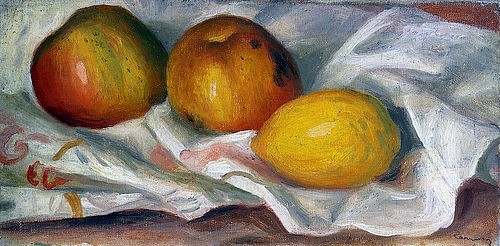 Pierre-Auguste Renoir, Zwei Äpfel und eine Zitrone (Deux Pommes et un Citron). (Stillleben, Tischtuch,  Äpfel, Zitrone, Obst, Früchte,  Impressionismus, klassische Moderne, Wunschgröße, Wohnzimmer, Esszimmer, Malerei)