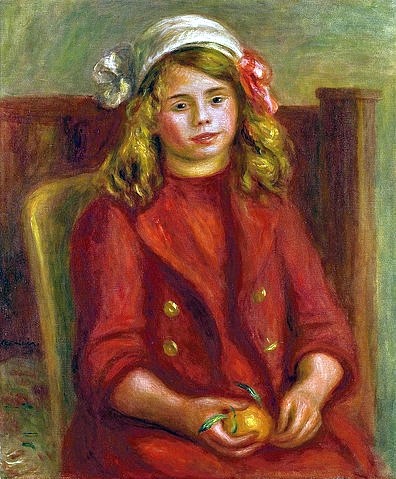 Pierre-Auguste Renoir, Junges Mädchen mit Orange (Fillette à l'orange). 1911 (Portrait, Mädchen,  Teenager, roter Mantel, Orange, Sitzende, Stuhl, Impressionismus, klassische Moderne, Wunschgröße, Wohnzimmer, Malerei)