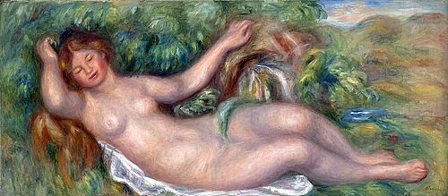 Pierre-Auguste Renoir, Liegender Akt, die Quelle (La source). Um 1902 (Aktmalerei, liegende Frau, Schlafende, Natur, Quelle, nackt,Impressionismus, klassische Moderne, Wunschgröße, Wohnzimmer, Malerei)