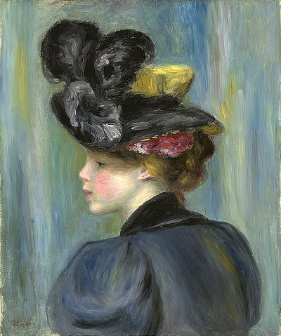 Pierre-Auguste Renoir, Junge Frau mit schwarzem Hut (Jeune femme au chapeau noir). 1895 (Portrait, junge Fau, Profil, Mode, schwarzer Federhut, Impressionismus, klassische Moderne, Wunschgröße, Wohnzimmer, Malerei)