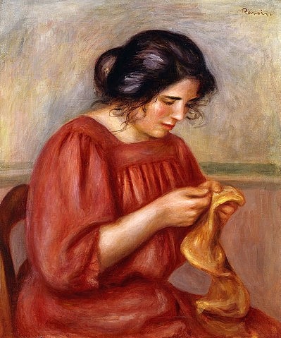 Pierre-Auguste Renoir, Gabrielle beim Stopfen. 1908 (Frau, Porteait, Handarbieten, Stopfen, nähen, reparieren, ausbessern, Gabrielle, Impressionismus, klassische Moderne, Wunschgröße, Wohnzimmer, Malerei)